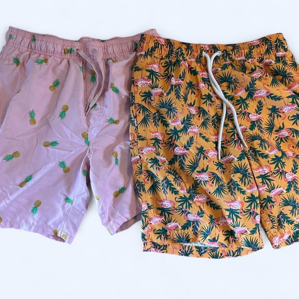 Men's Two-Pack Swim Trunks - Pink Pineapple & Yellow Flamingo